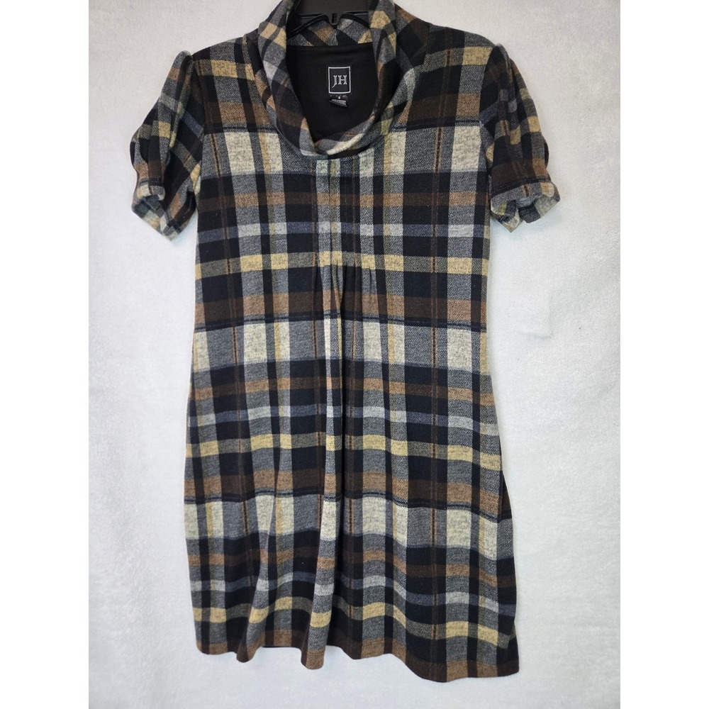 JH Jones New York Plaid Cowl Neck Short Sleeve Shift Dress Brown Tan Small